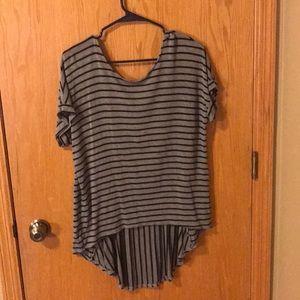grey + blue striped high low short sleeved shirt